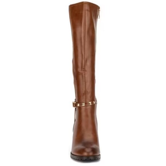 Torgies Womens 6 Cognac Brown Faux Leather Riding Boots With Gold Studded Strap - Picture 14 of 16